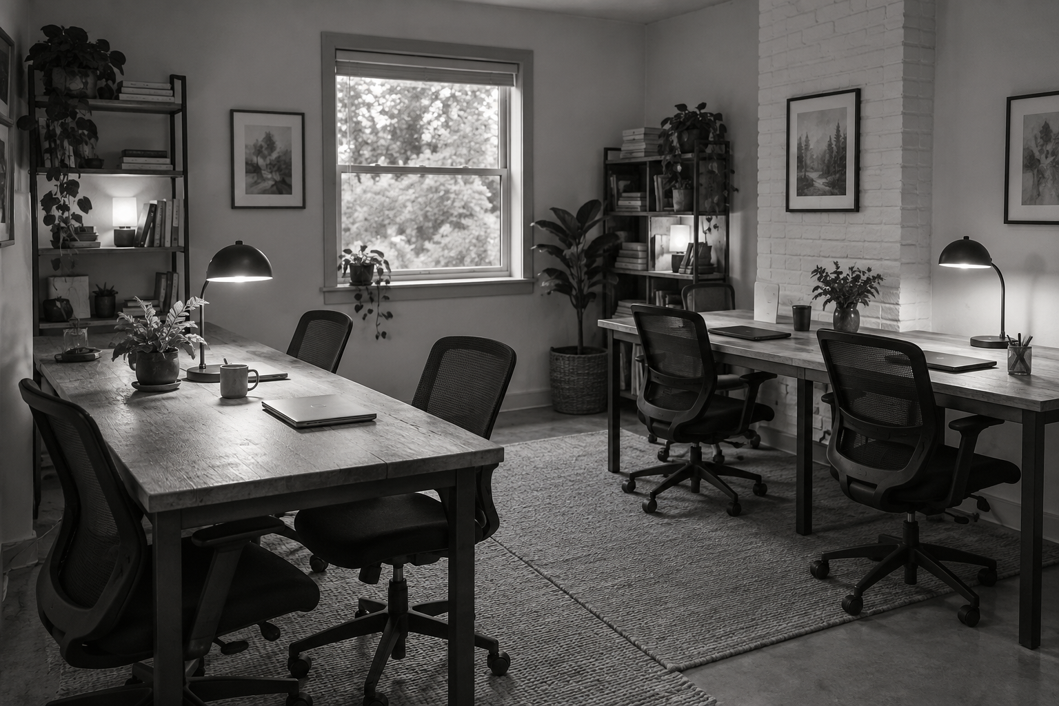 Concept of a small shared workroom with simple wood desks, practical chairs and neighborhood greenery outside